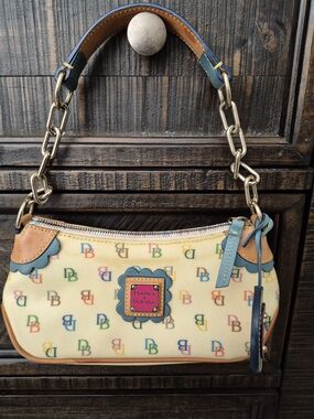 Dooney & Bourke Cream Multicolor DB Logo Shoulder Bag with Blue & Tan Trim